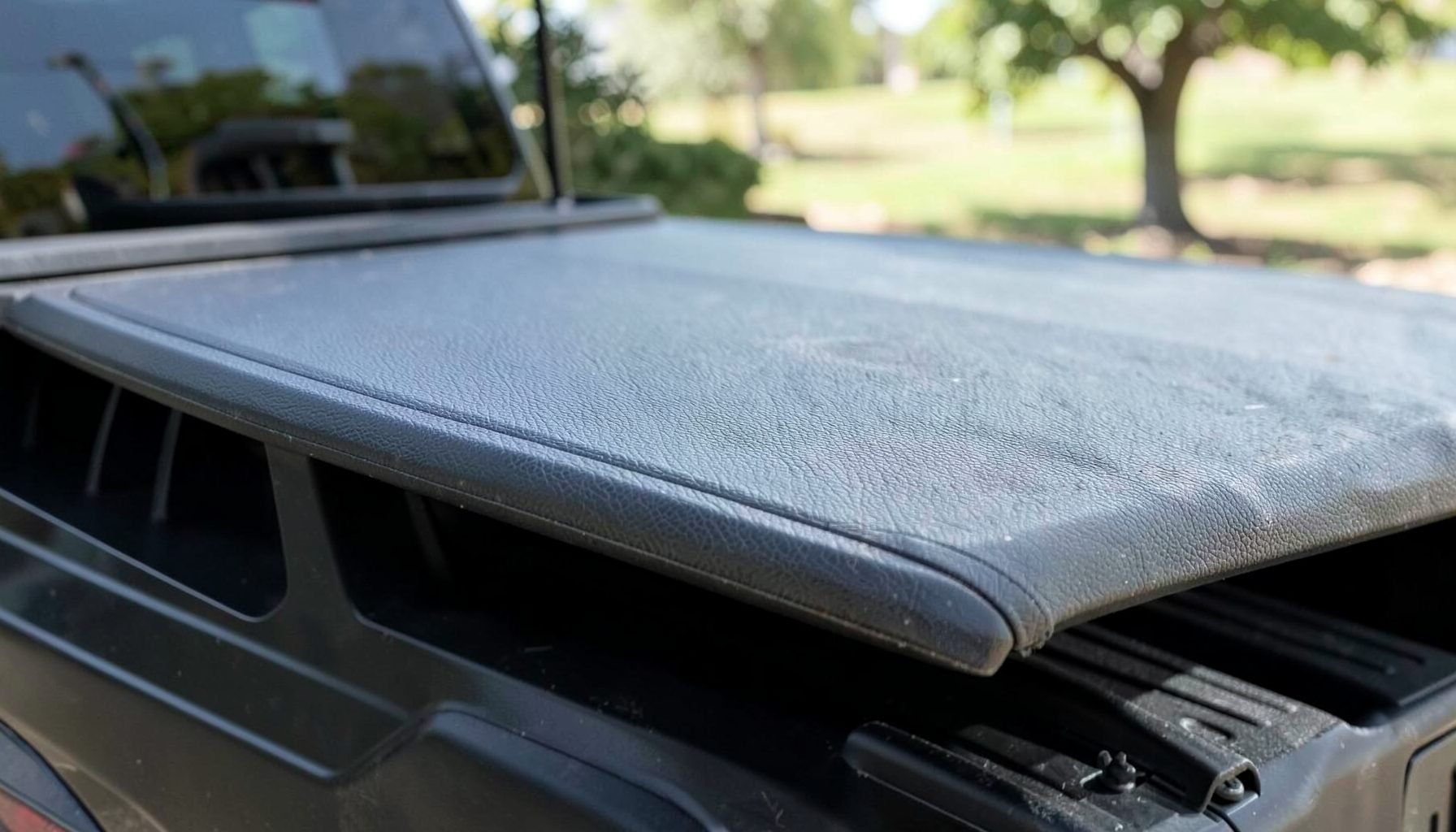 A close-up view of a textured black tonneau cover stretched across a pickup truck bed under soft daylight, conveying practicality and clean design.