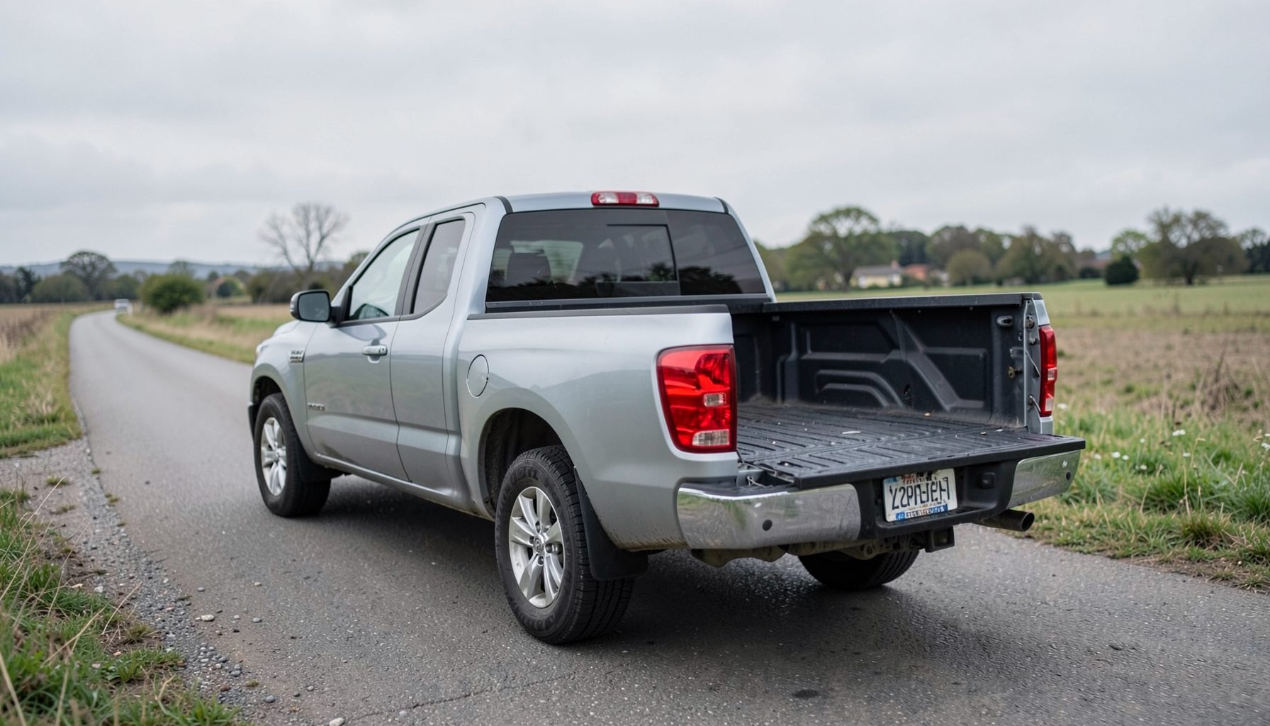 A pickup truck seen from a rear three-quarter angle on a quiet country road, soft overcast sky, emphasizing the truck bed